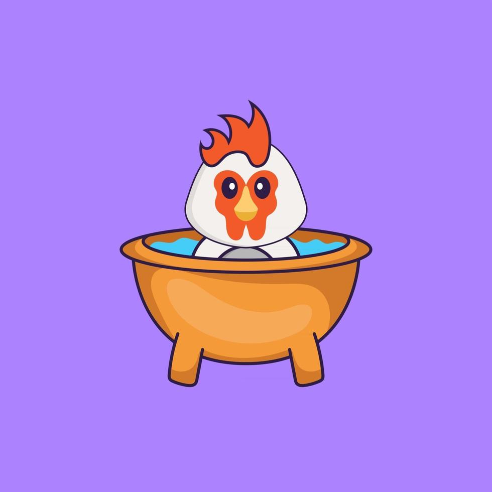 Cute chicken taking a bath in the bathtub. Animal cartoon concept isolated. Can used for t-shirt, greeting card, invitation card or mascot. Flat Cartoon Style vector