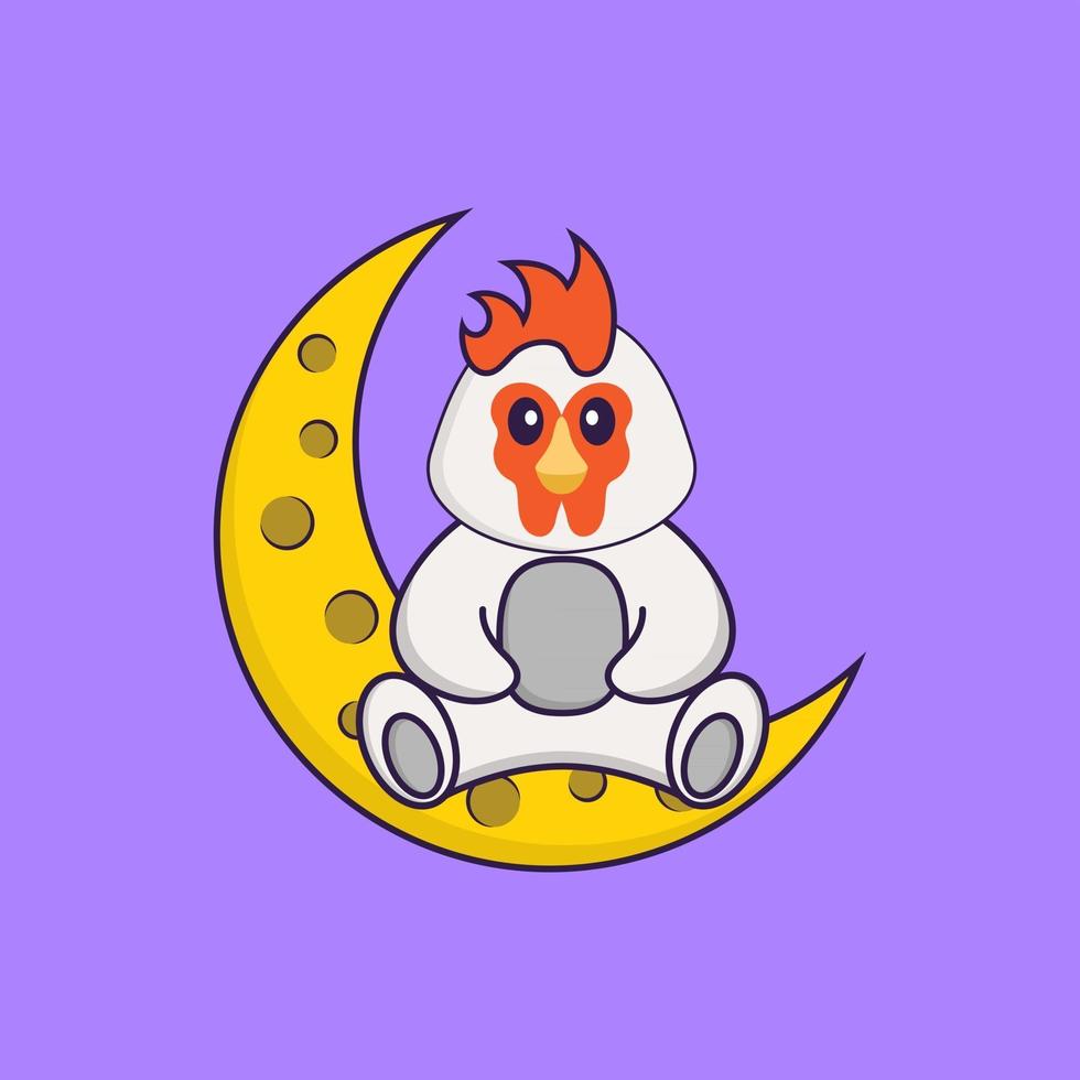 Cute chicken is sitting on the moon. Animal cartoon concept isolated. Can used for t-shirt, greeting card, invitation card or mascot. Flat Cartoon Style vector