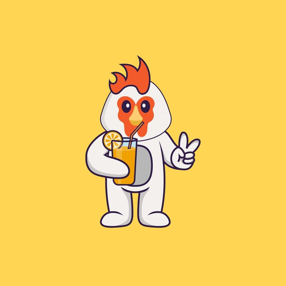 Cute chicken holding orange juice in glass. Animal cartoon concept isolated. Can used for t-shirt, greeting card, invitation card or mascot. Flat Cartoon Style vector