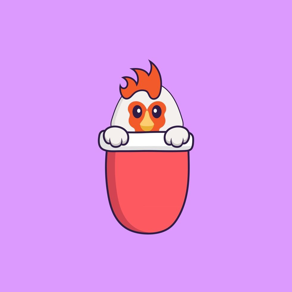 Cute chicken in red pocket. Animal cartoon concept isolated. Can used for t-shirt, greeting card, invitation card or mascot. Flat Cartoon Style vector