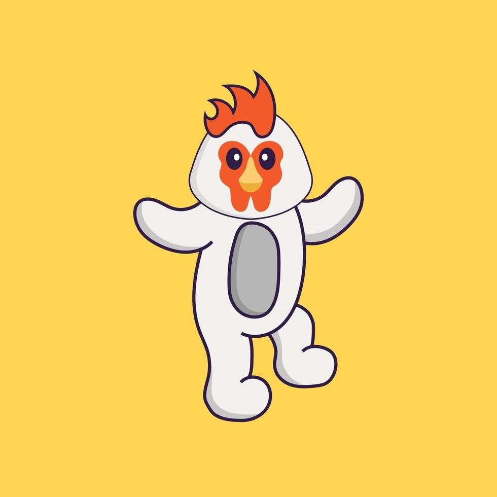 lindo pollo está bailando. aislado concepto de dibujos animados de animales. Puede utilizarse para camiseta, tarjeta de felicitación, tarjeta de invitación o mascota. estilo de dibujos animados plana vector