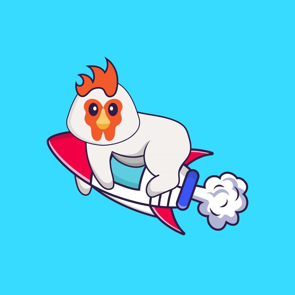 Cute chicken flying on rocket. Animal cartoon concept isolated. Can used for t-shirt, greeting card, invitation card or mascot. Flat Cartoon Style vector