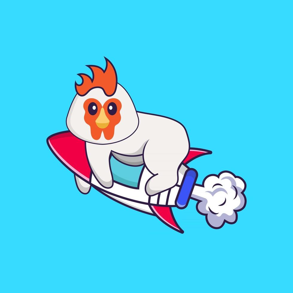 lindo pollo volando en cohete. aislado concepto de dibujos animados de animales. Puede utilizarse para camiseta, tarjeta de felicitación, tarjeta de invitación o mascota. estilo de dibujos animados plana vector