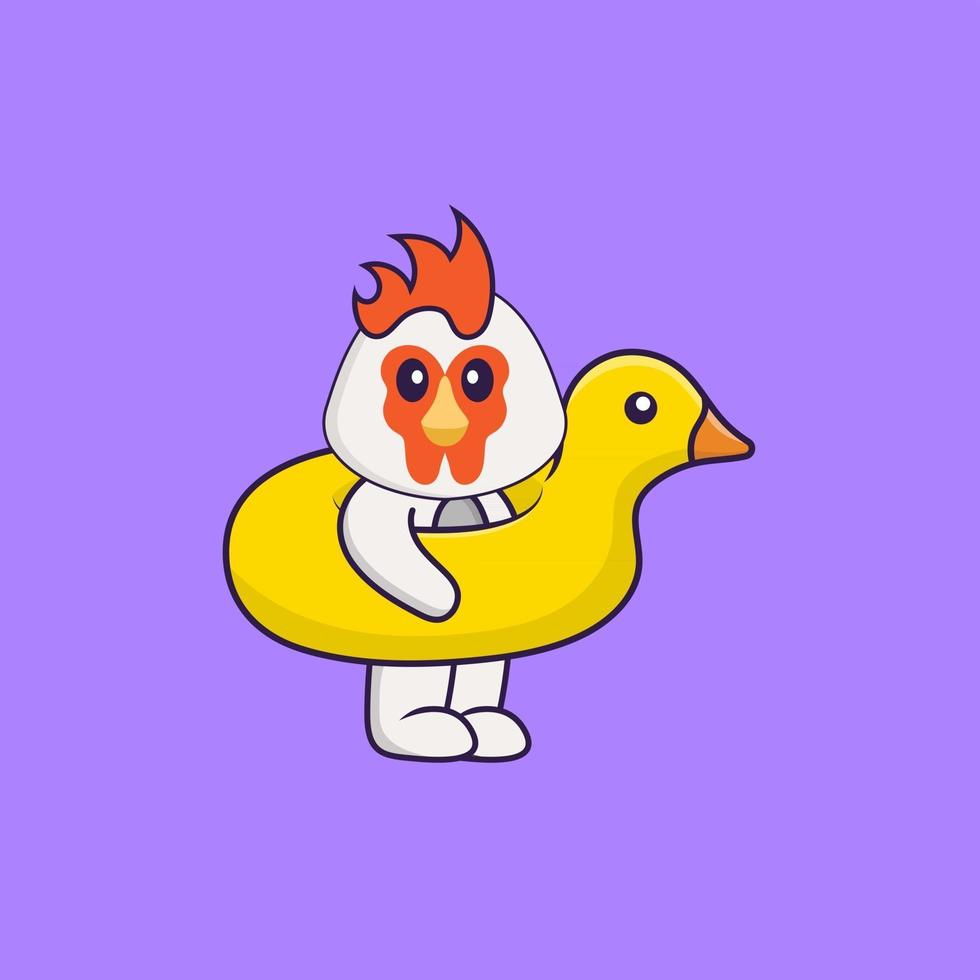 Cute chicken With Duck buoy. Animal cartoon concept isolated. Can used for t-shirt, greeting card, invitation card or mascot. Flat Cartoon Style vector