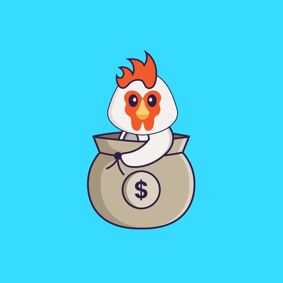 Cute chicken in a money bag. Animal cartoon concept isolated. Can used for t-shirt, greeting card, invitation card or mascot. Flat Cartoon Style vector