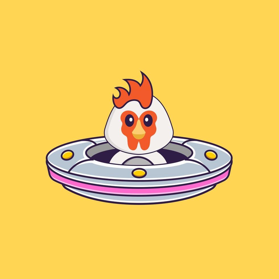 Cute chicken Driving Spaceship Ufo. Animal cartoon concept isolated. Can used for t-shirt, greeting card, invitation card or mascot. Flat Cartoon Style vector