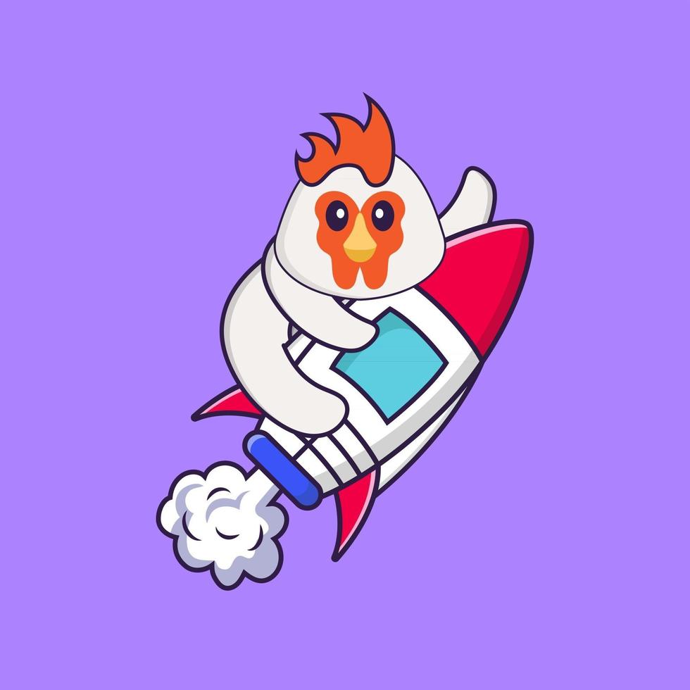 Cute chicken flying on rocket. Animal cartoon concept isolated. Can used for t-shirt, greeting card, invitation card or mascot. Flat Cartoon Style vector