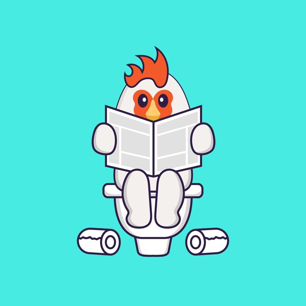 Cute chicken Pooping On Toilet and read newspaper. Animal cartoon concept isolated. Can used for t-shirt, greeting card, invitation card or mascot. Flat Cartoon Style vector