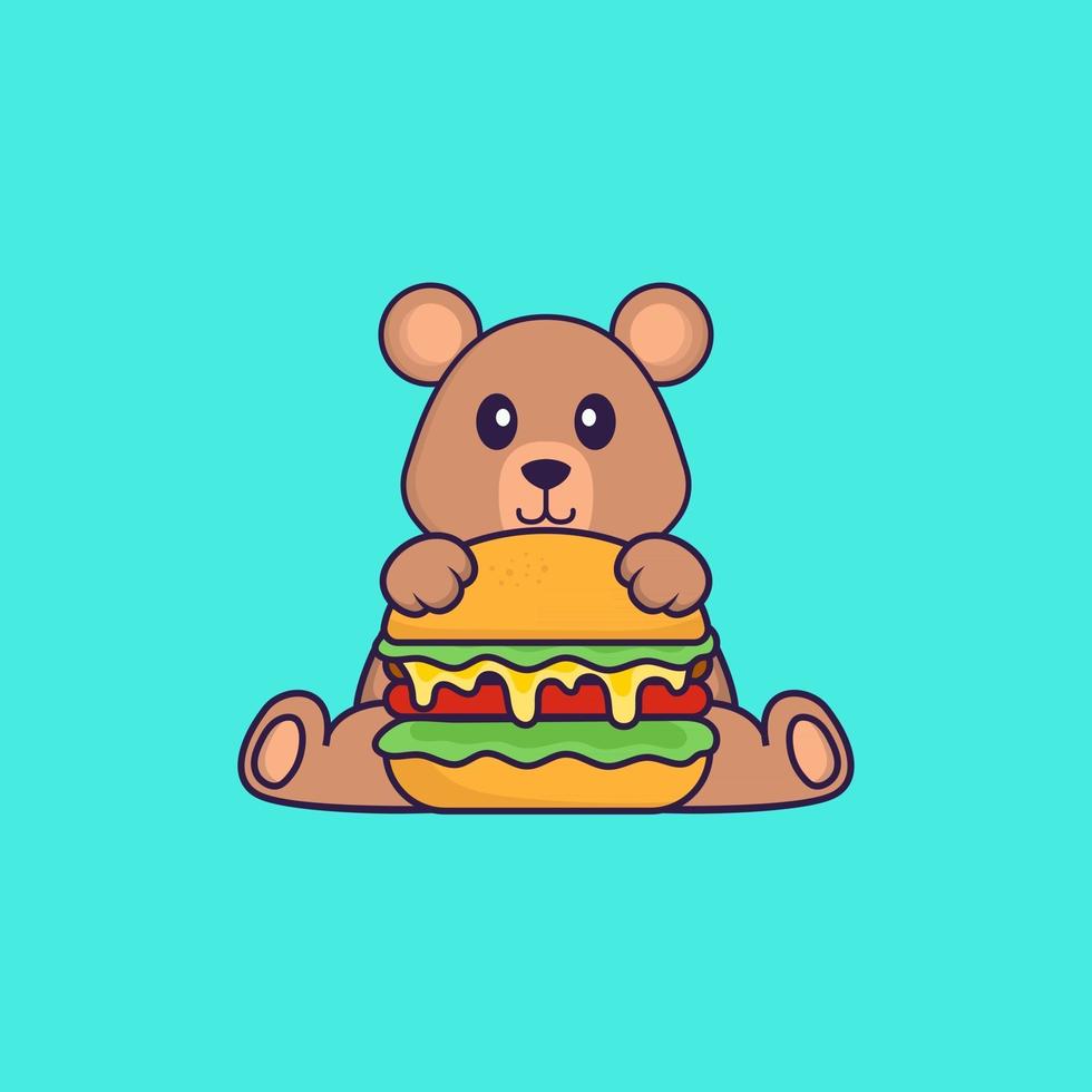 Cute rat eating burger. Animal cartoon concept isolated. Can used for t-shirt, greeting card, invitation card or mascot. Flat Cartoon Style vector