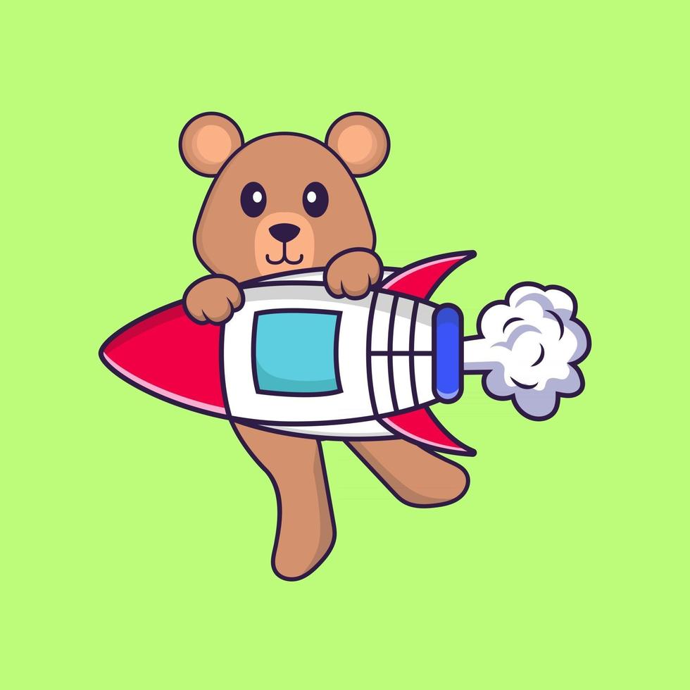 Cute rat flying on rocket. Animal cartoon concept isolated. Can used for t-shirt, greeting card, invitation card or mascot. Flat Cartoon Style vector