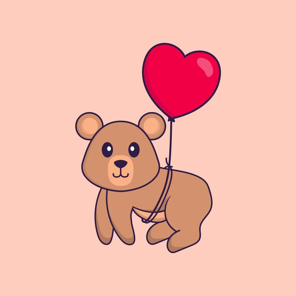 Cute rat flying with love shaped balloons. Animal cartoon concept isolated. Can used for t-shirt, greeting card, invitation card or mascot. Flat Cartoon Style vector