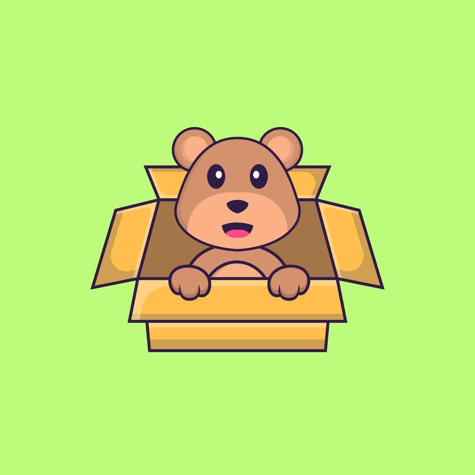 lindo oso jugando en caja. aislado concepto de dibujos animados de animales. Puede utilizarse para camiseta, tarjeta de felicitación, tarjeta de invitación o mascota. estilo de dibujos animados plana vector