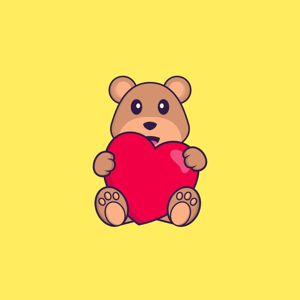 Cute bear holding a big red heart. Animal cartoon concept isolated. Can used for t-shirt, greeting card, invitation card or mascot. Flat Cartoon Style vector