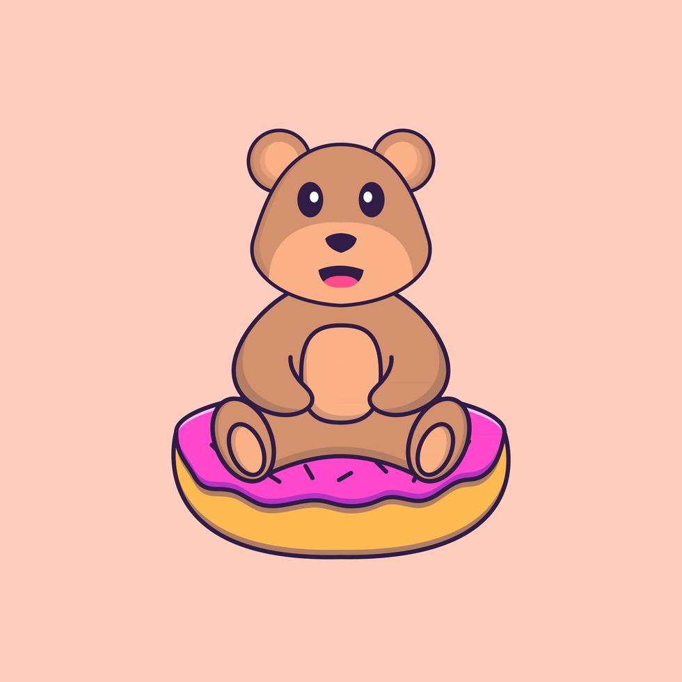 Cute bear is sitting on donuts. Animal cartoon concept isolated. Can used for t-shirt, greeting card, invitation card or mascot. Flat Cartoon Style vector