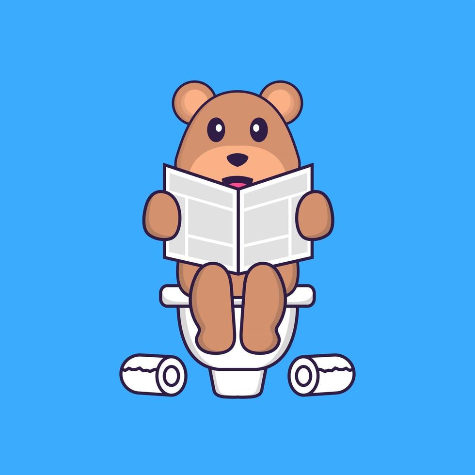 Cute bear Pooping On Toilet and read newspaper. Animal cartoon concept isolated. Can used for t-shirt, greeting card, invitation card or mascot. Flat Cartoon Style vector