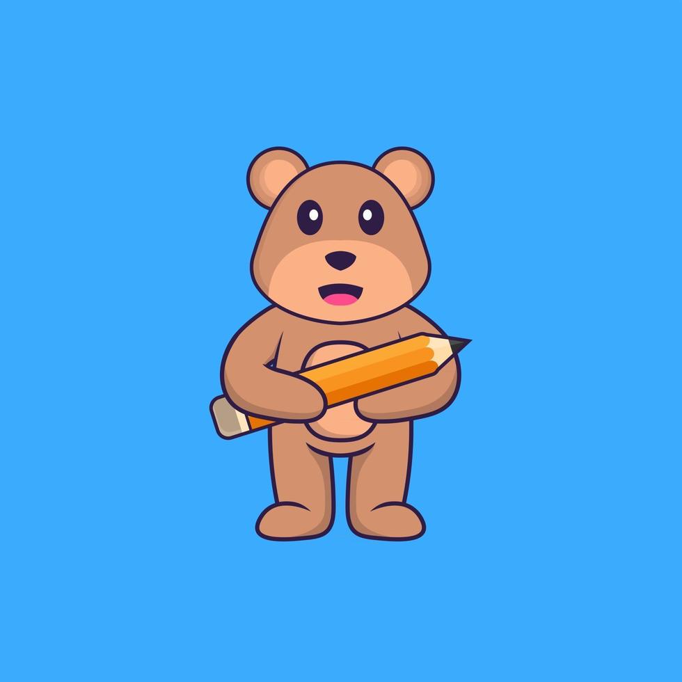 Cute bear holding a pencil. Animal cartoon concept isolated. Can used for t-shirt, greeting card, invitation card or mascot. Flat Cartoon Style vector