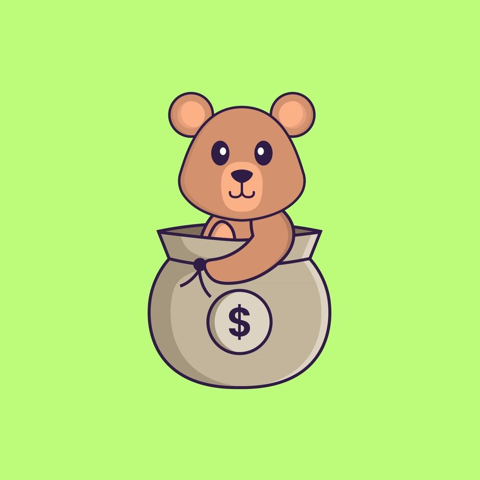 Cute rat in a money bag. Animal cartoon concept isolated. Can used for t-shirt, greeting card, invitation card or mascot. Flat Cartoon Style vector