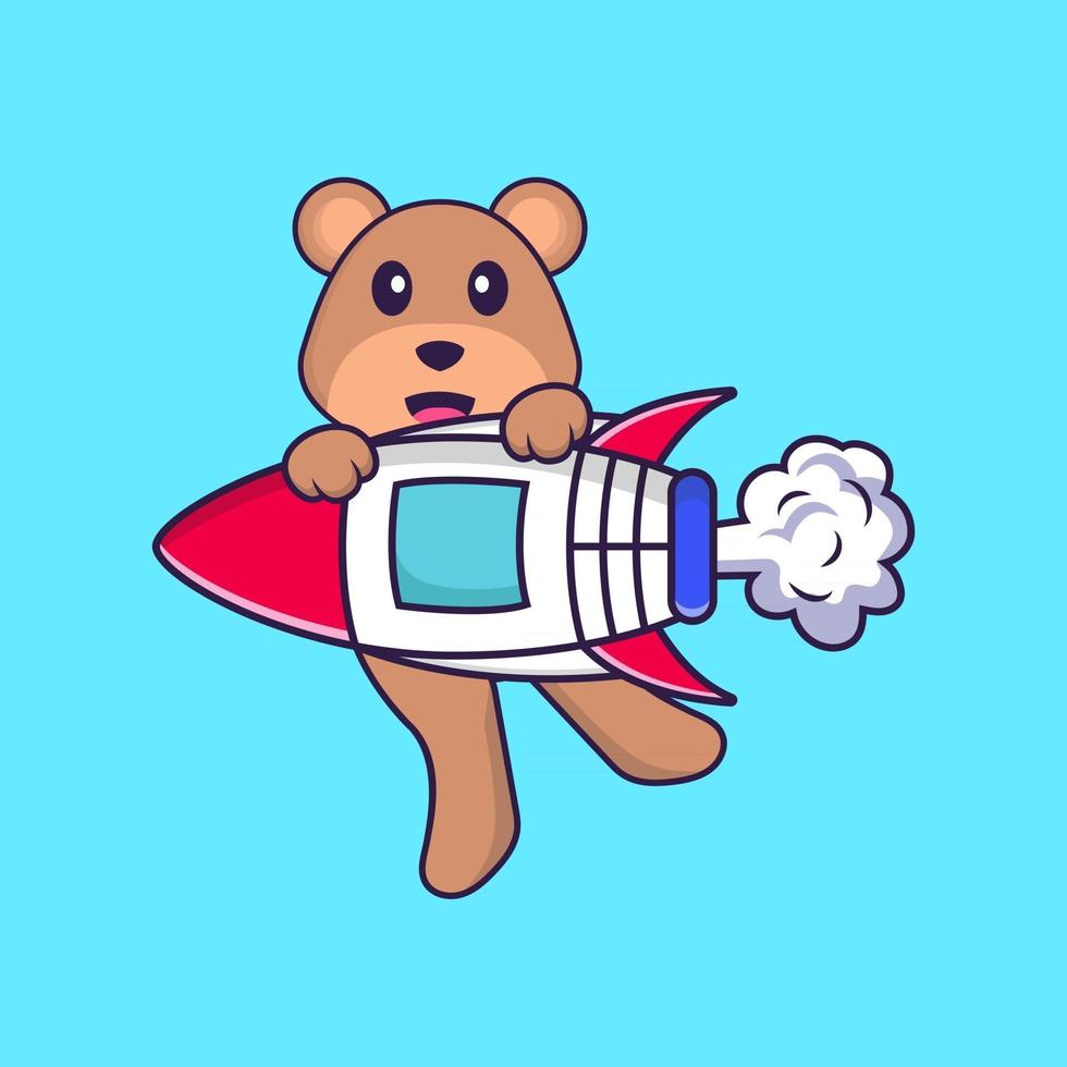 Cute bear flying on rocket. Animal cartoon concept isolated. Can used for t-shirt, greeting card, invitation card or mascot. Flat Cartoon Style vector