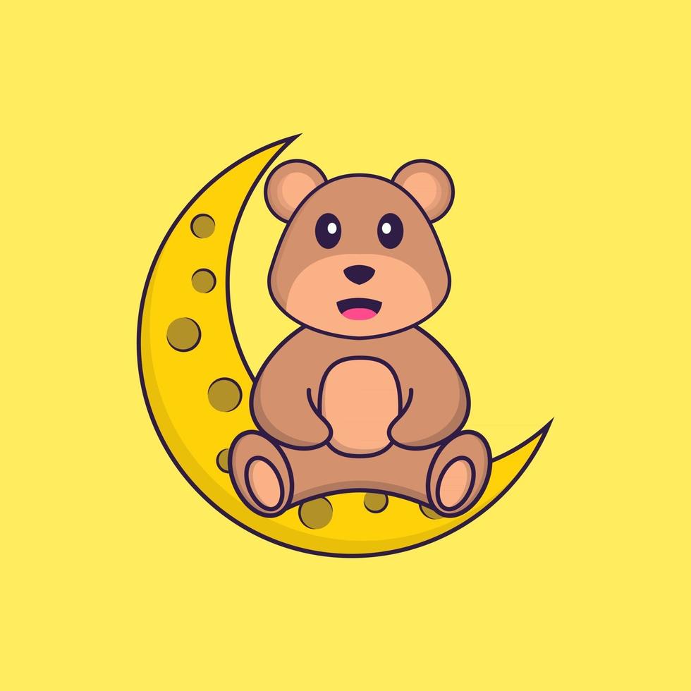 Cute bear is sitting on the moon. Animal cartoon concept isolated. Can used for t-shirt, greeting card, invitation card or mascot. Flat Cartoon Style vector