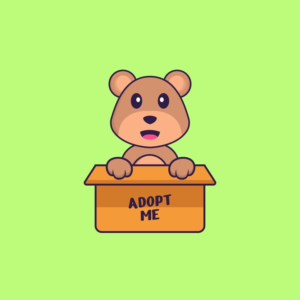 Cute bear in box with a poster Adopt me. Animal cartoon concept isolated. Can used for t-shirt, greeting card, invitation card or mascot. Flat Cartoon Style vector