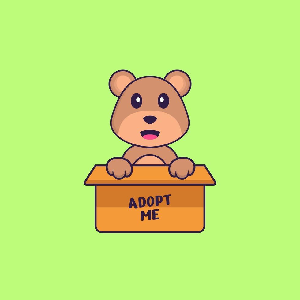 lindo oso en caja con un cartel adoptame. aislado concepto de dibujos animados de animales. Puede utilizarse para camiseta, tarjeta de felicitación, tarjeta de invitación o mascota. estilo de dibujos animados plana vector