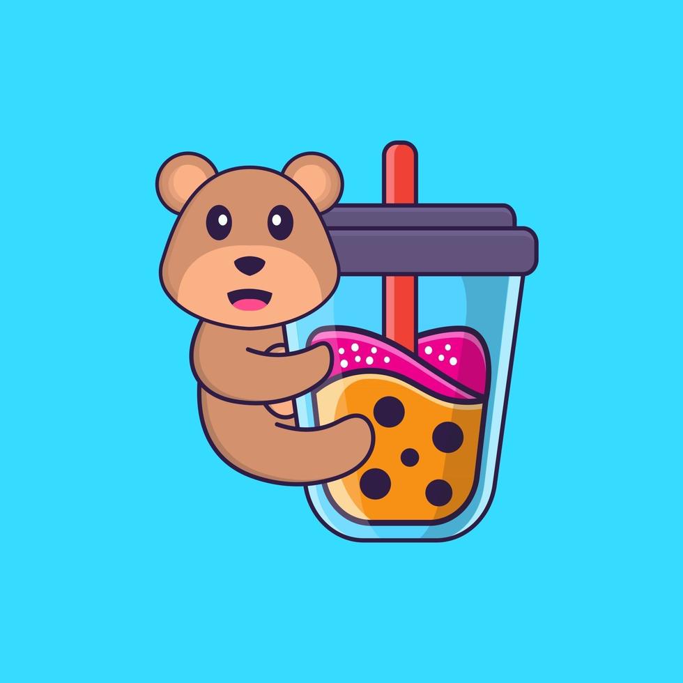 Cute bear Drinking Boba milk tea. Animal cartoon concept isolated. Can used for t-shirt, greeting card, invitation card or mascot. Flat Cartoon Style vector