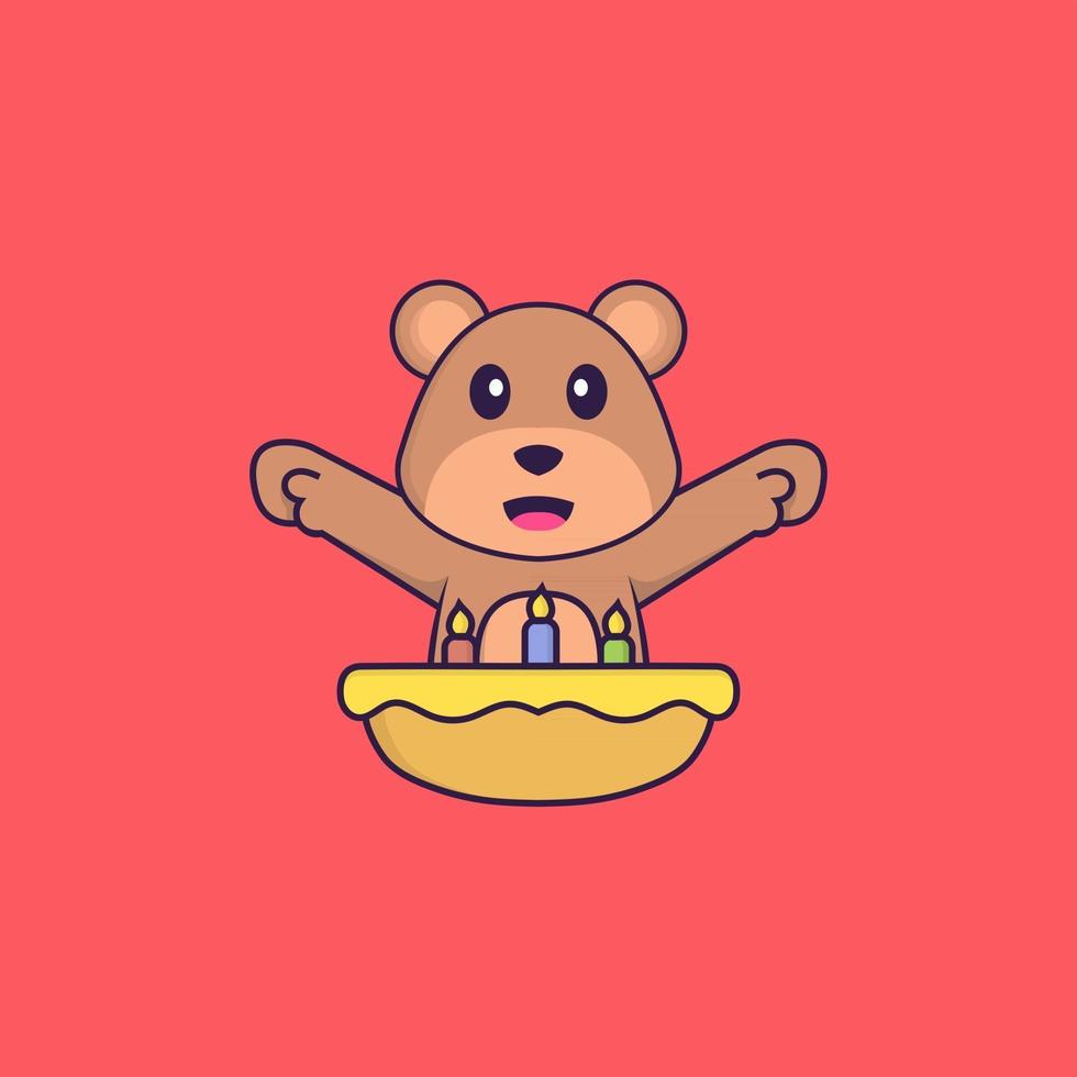 Cute bear with birthday cake. Animal cartoon concept isolated. Can used for t-shirt, greeting card, invitation card or mascot. Flat Cartoon Style vector