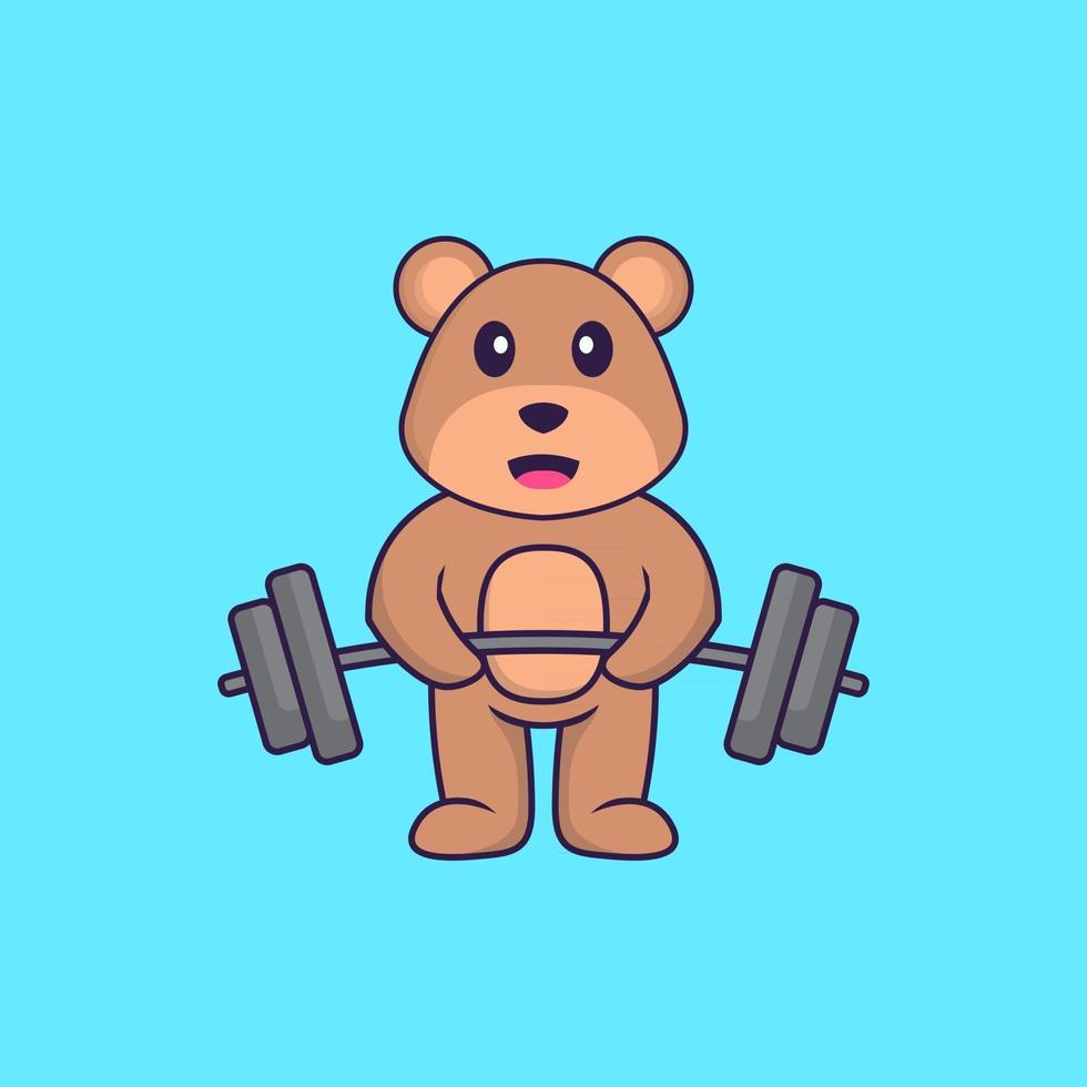 Cute bear lifts the barbell. Animal cartoon concept isolated. Can used for t-shirt, greeting card, invitation card or mascot. Flat Cartoon Style vector