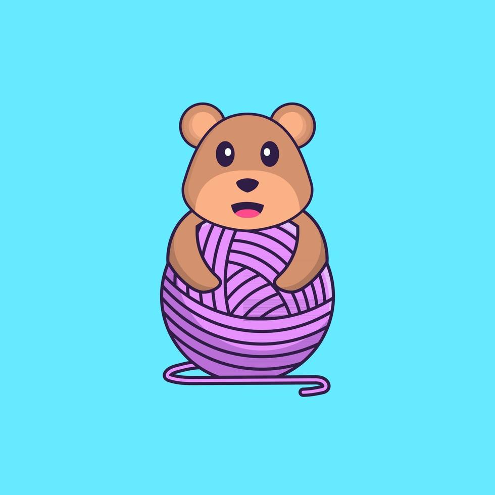 Cute bear playing with wool yarn. Animal cartoon concept isolated. Can used for t-shirt, greeting card, invitation card or mascot. Flat Cartoon Style vector