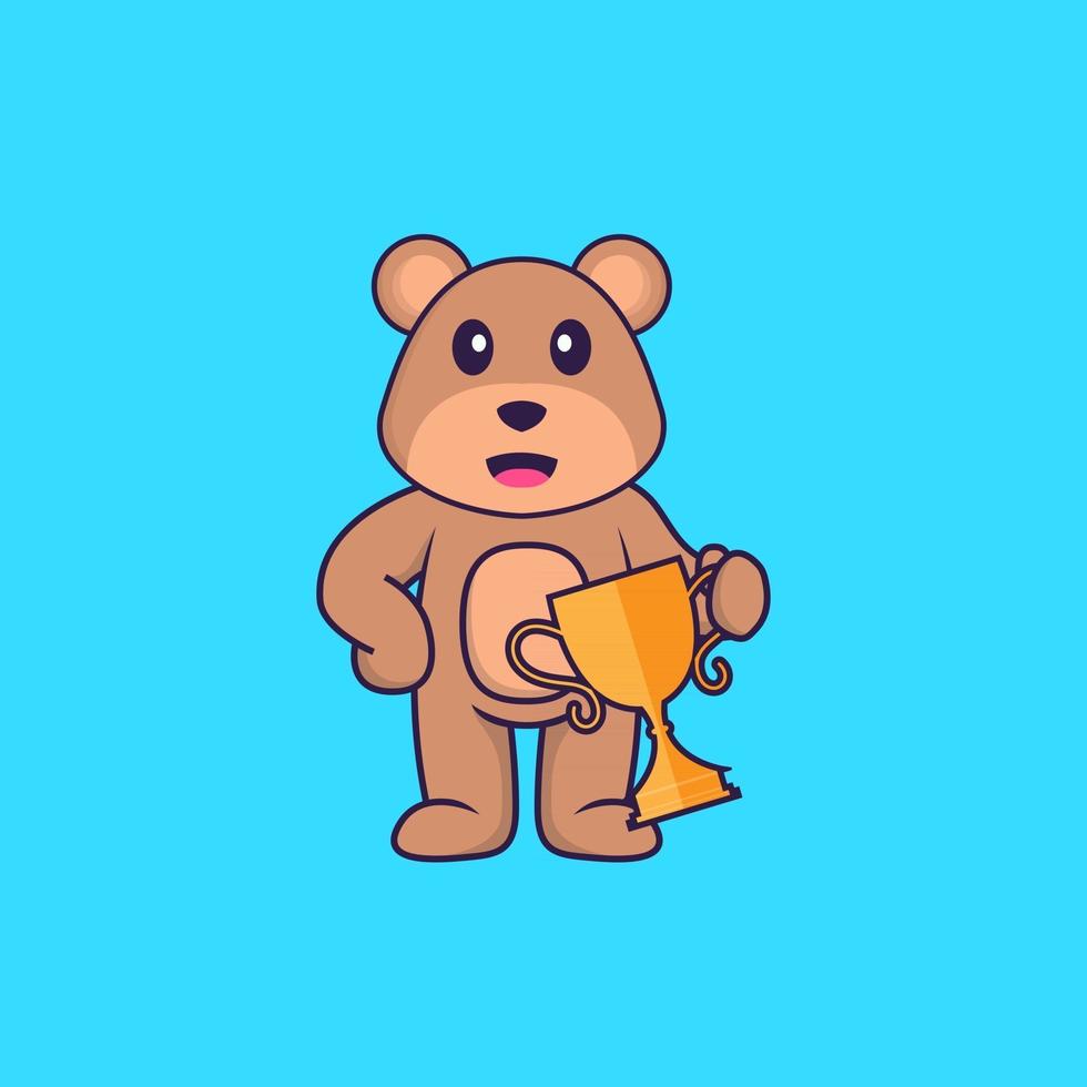 Cute bear holding gold trophy. Animal cartoon concept isolated. Can used for t-shirt, greeting card, invitation card or mascot. Flat Cartoon Style vector