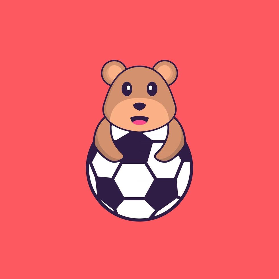 Cute bear playing soccer. Animal cartoon concept isolated. Can used for t-shirt, greeting card, invitation card or mascot. Flat Cartoon Style vector