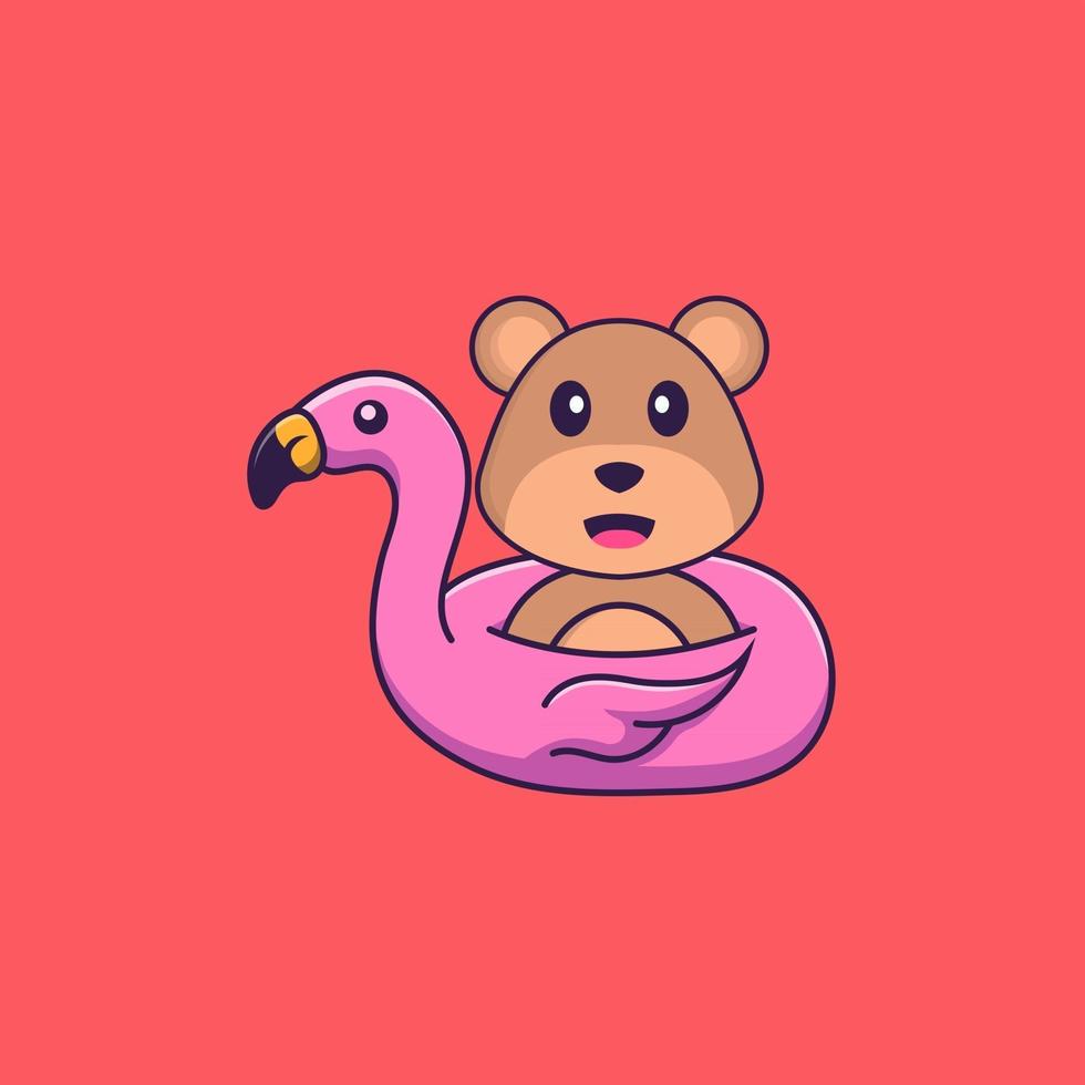 Cute bear With flamingo buoy. Animal cartoon concept isolated. Can used for t-shirt, greeting card, invitation card or mascot. Flat Cartoon Style vector