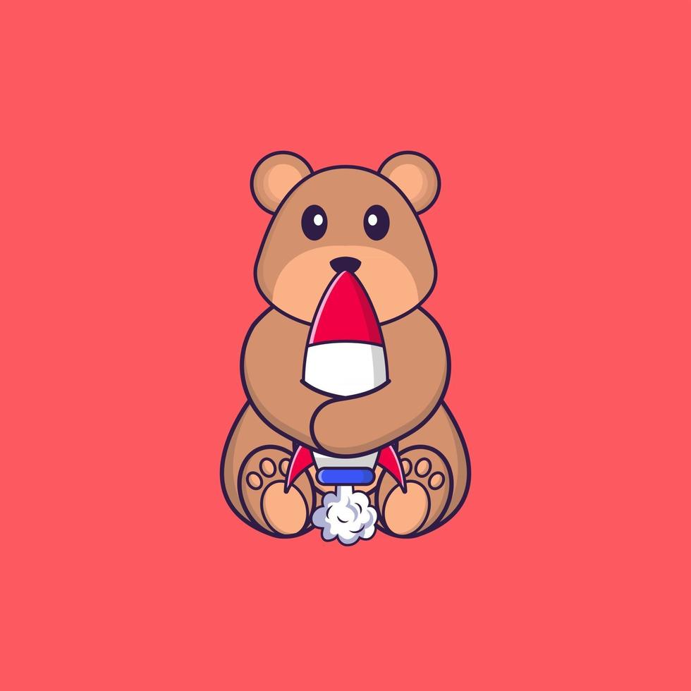 Cute bear holding a rocket. Animal cartoon concept isolated. Can used for t-shirt, greeting card, invitation card or mascot. Flat Cartoon Style vector
