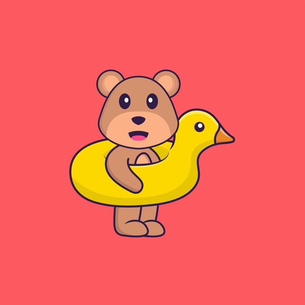 Cute bear With Duck buoy. Animal cartoon concept isolated. Can used for t-shirt, greeting card, invitation card or mascot. Flat Cartoon Style vector