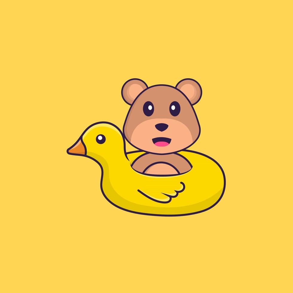 lindo oso con boya de pato. aislado concepto de dibujos animados de animales. Puede utilizarse para camiseta, tarjeta de felicitación, tarjeta de invitación o mascota. estilo de dibujos animados plana vector