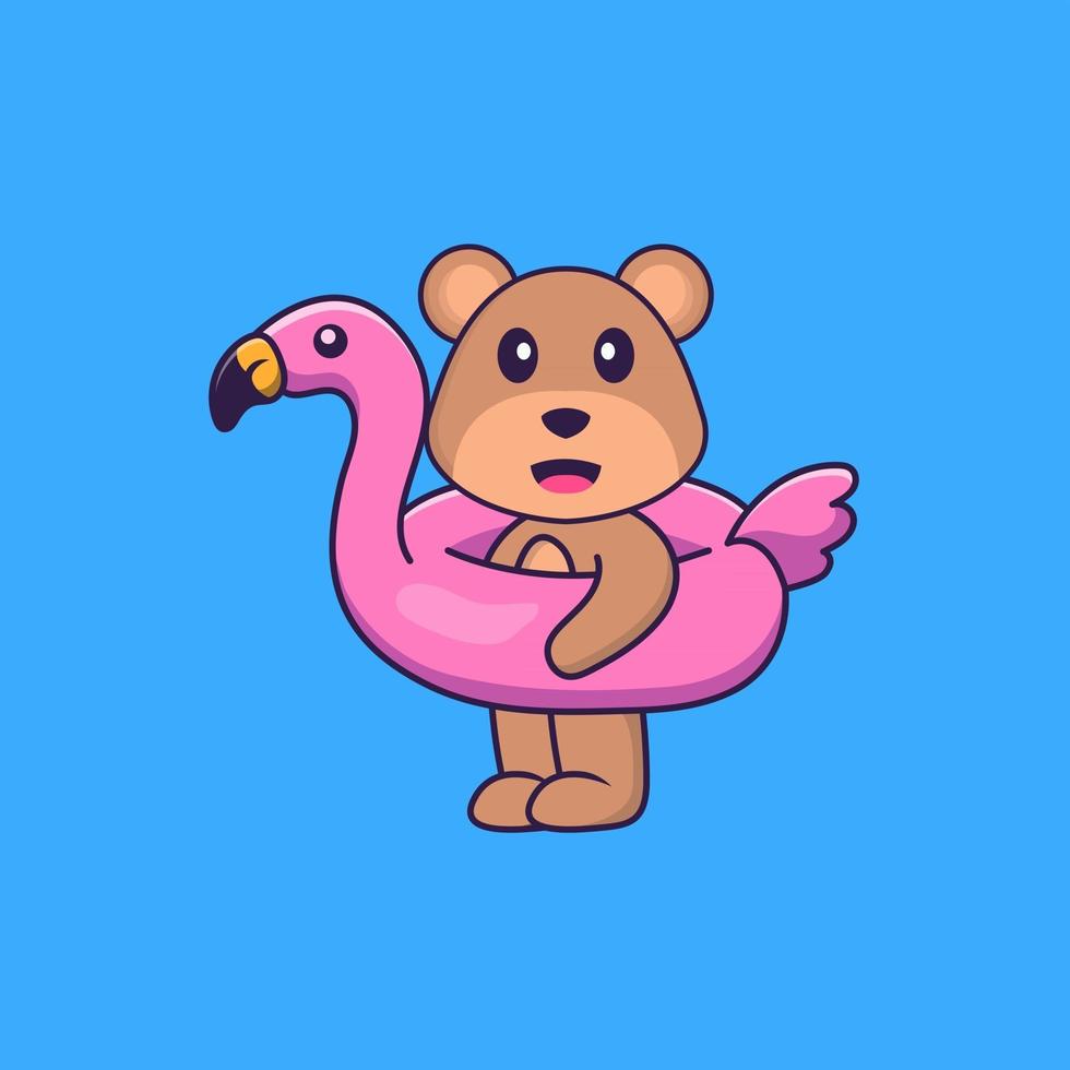 Cute bear With flamingo buoy. Animal cartoon concept isolated. Can used for t-shirt, greeting card, invitation card or mascot. Flat Cartoon Style vector