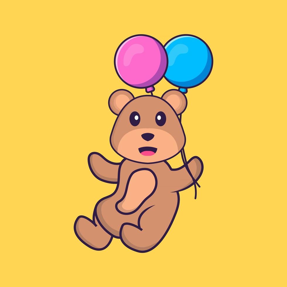 Cute bear flying with two balloons. Animal cartoon concept isolated. Can used for t-shirt, greeting card, invitation card or mascot. Flat Cartoon Style vector