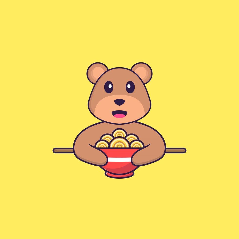 Cute bear eating ramen noodles. Animal cartoon concept isolated. Can used for t-shirt, greeting card, invitation card or mascot. Flat Cartoon Style vector