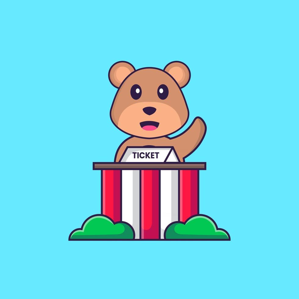 Cute bear is being a ticket keeper. Animal cartoon concept isolated. Can used for t-shirt, greeting card, invitation card or mascot. Flat Cartoon Style vector