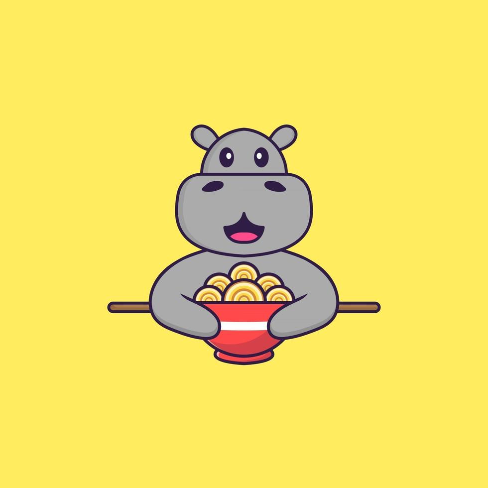 Cute hippopotamus eating ramen noodles. Animal cartoon concept isolated. Can used for t-shirt, greeting card, invitation card or mascot. Flat Cartoon Style vector