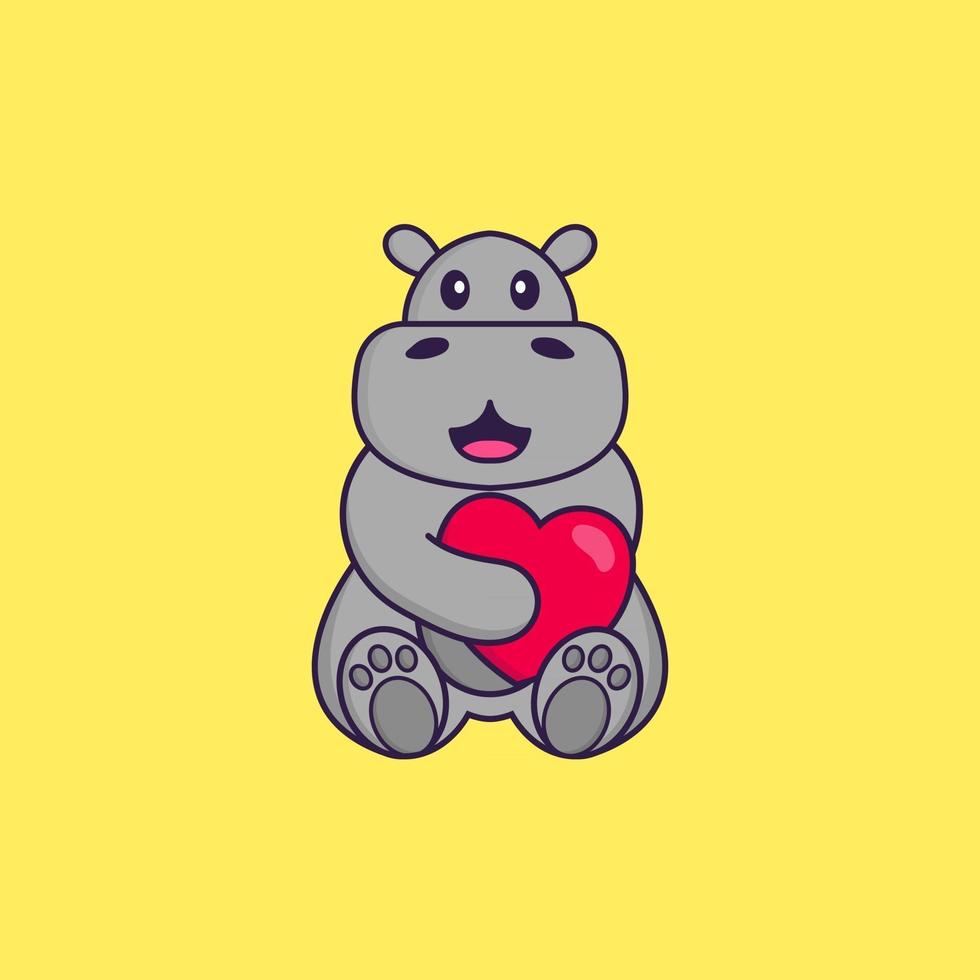 Cute hippopotamus holding a big red heart. Animal cartoon concept isolated. Can used for t-shirt, greeting card, invitation card or mascot. Flat Cartoon Style vector