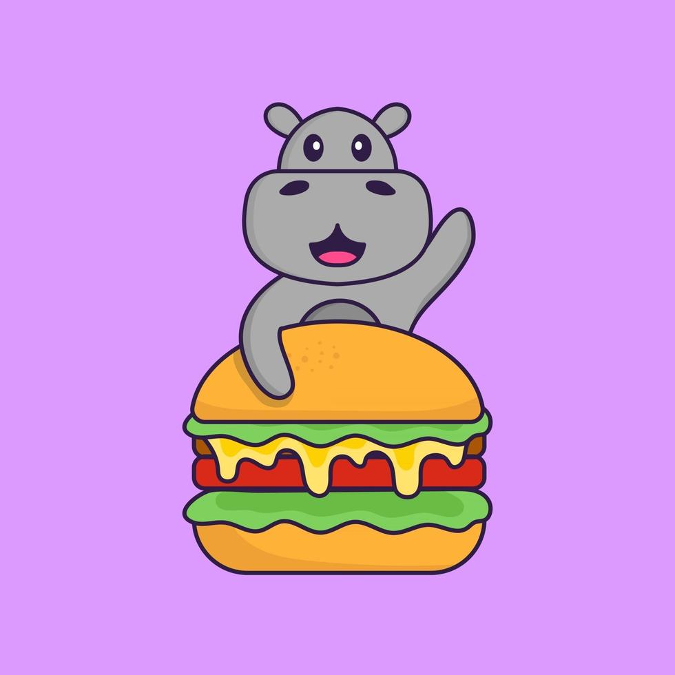 Cute hippopotamus eating burger. Animal cartoon concept isolated. Can used for t-shirt, greeting card, invitation card or mascot. Flat Cartoon Style vector