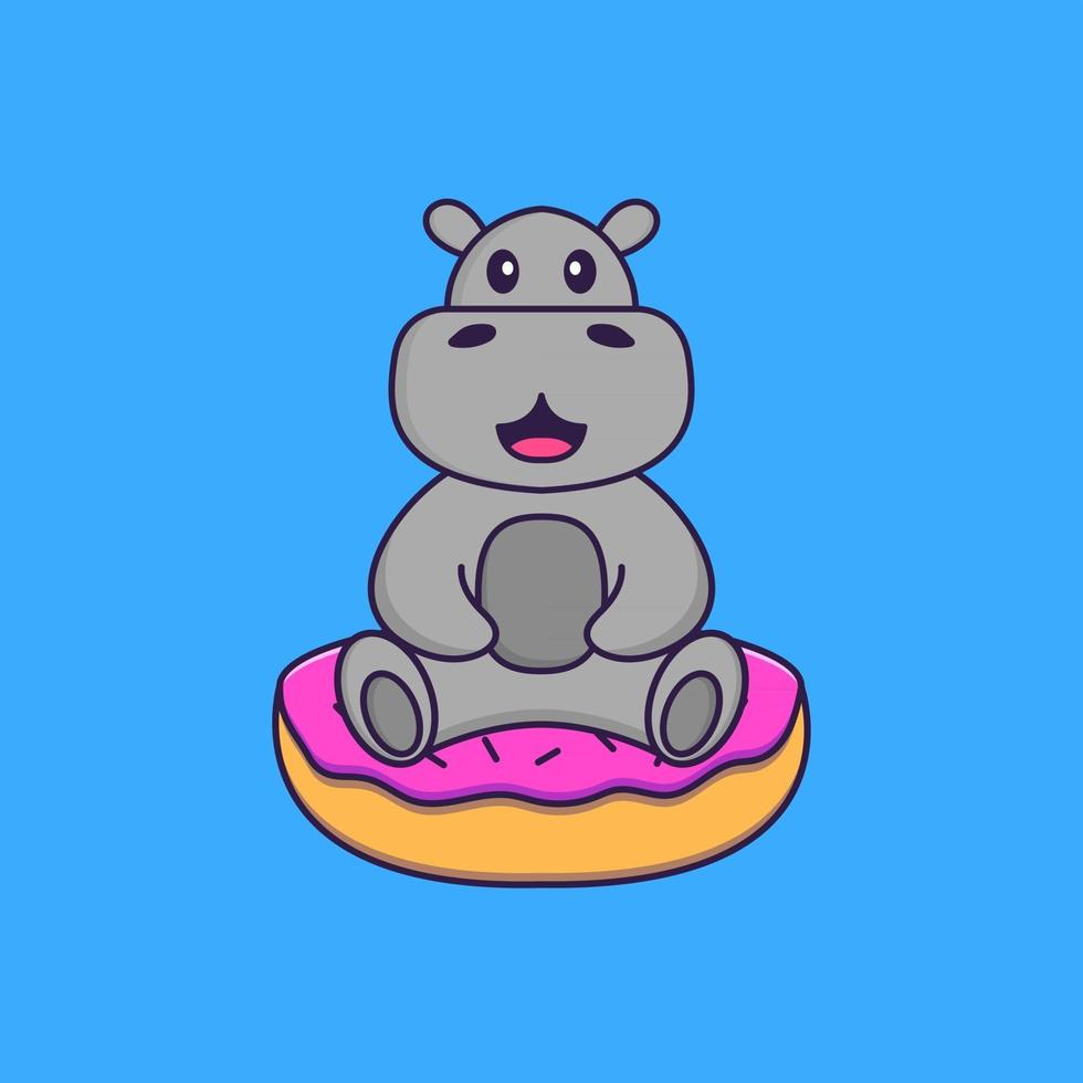 Cute hippopotamus is sitting on donuts. Animal cartoon concept isolated. Can used for t-shirt, greeting card, invitation card or mascot. Flat Cartoon Style vector