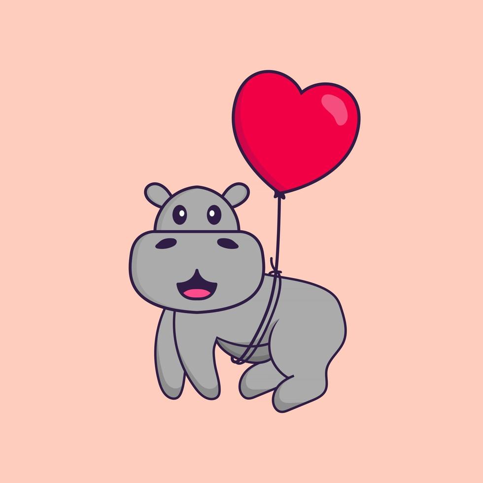 lindo hipopótamo volando con globos en forma de amor. aislado concepto de dibujos animados de animales. Puede utilizarse para camiseta, tarjeta de felicitación, tarjeta de invitación o mascota. estilo de dibujos animados plana vector