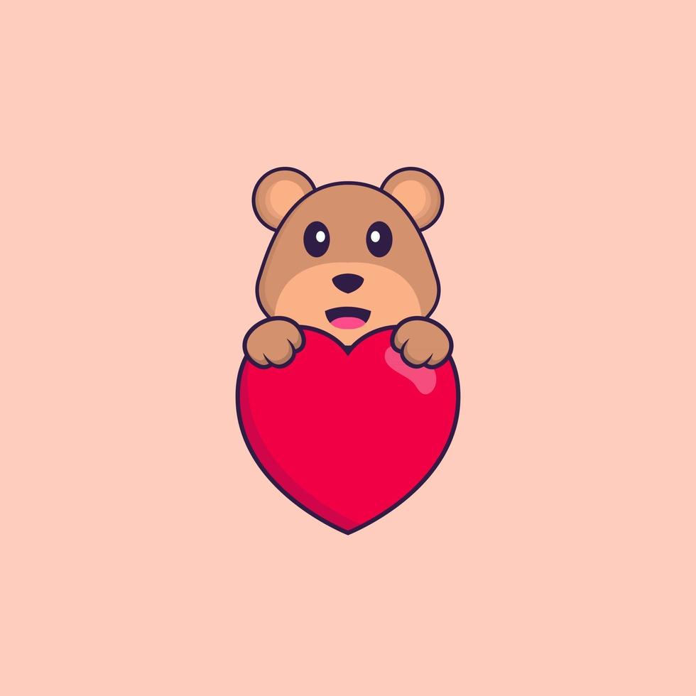 lindo oso sosteniendo un gran corazón rojo. aislado concepto de dibujos animados de animales. Puede utilizarse para camiseta, tarjeta de felicitación, tarjeta de invitación o mascota. estilo de dibujos animados plana vector