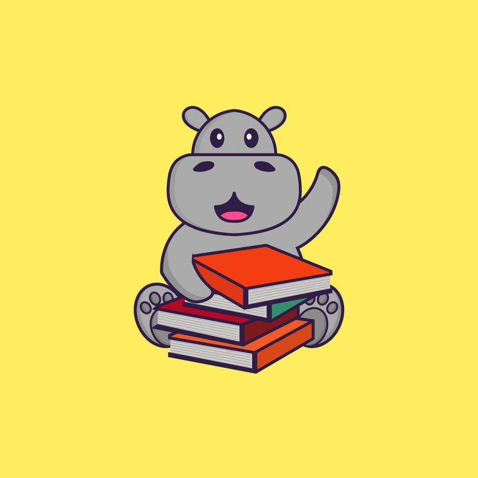 Cute hippopotamus reading a book. Animal cartoon concept isolated. Can used for t-shirt, greeting card, invitation card or mascot. flat cartoon style vector