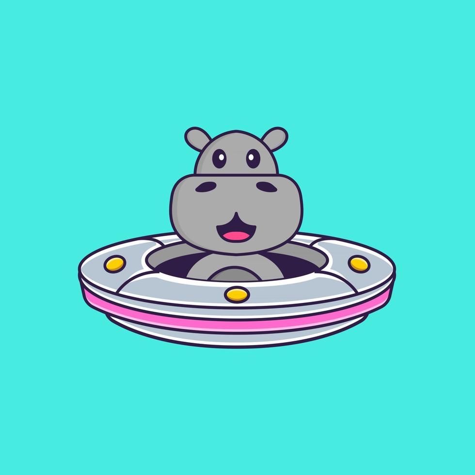 Cute hippopotamus Driving Spaceship Ufo. Animal cartoon concept isolated. Can used for t-shirt, greeting card, invitation card or mascot. Flat Cartoon Style vector