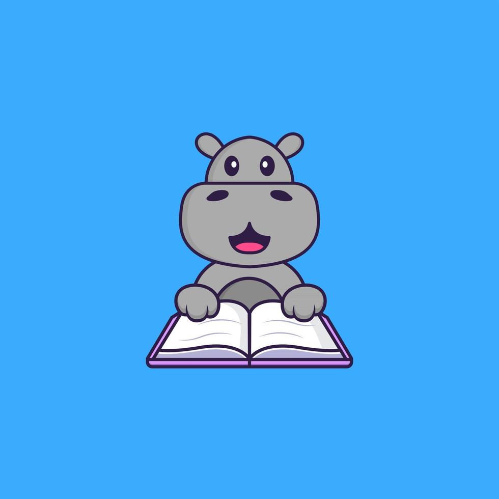 lindo hipopótamo leyendo un libro. aislado concepto de dibujos animados de animales. Puede utilizarse para camiseta, tarjeta de felicitación, tarjeta de invitación o mascota. estilo de dibujos animados plana vector