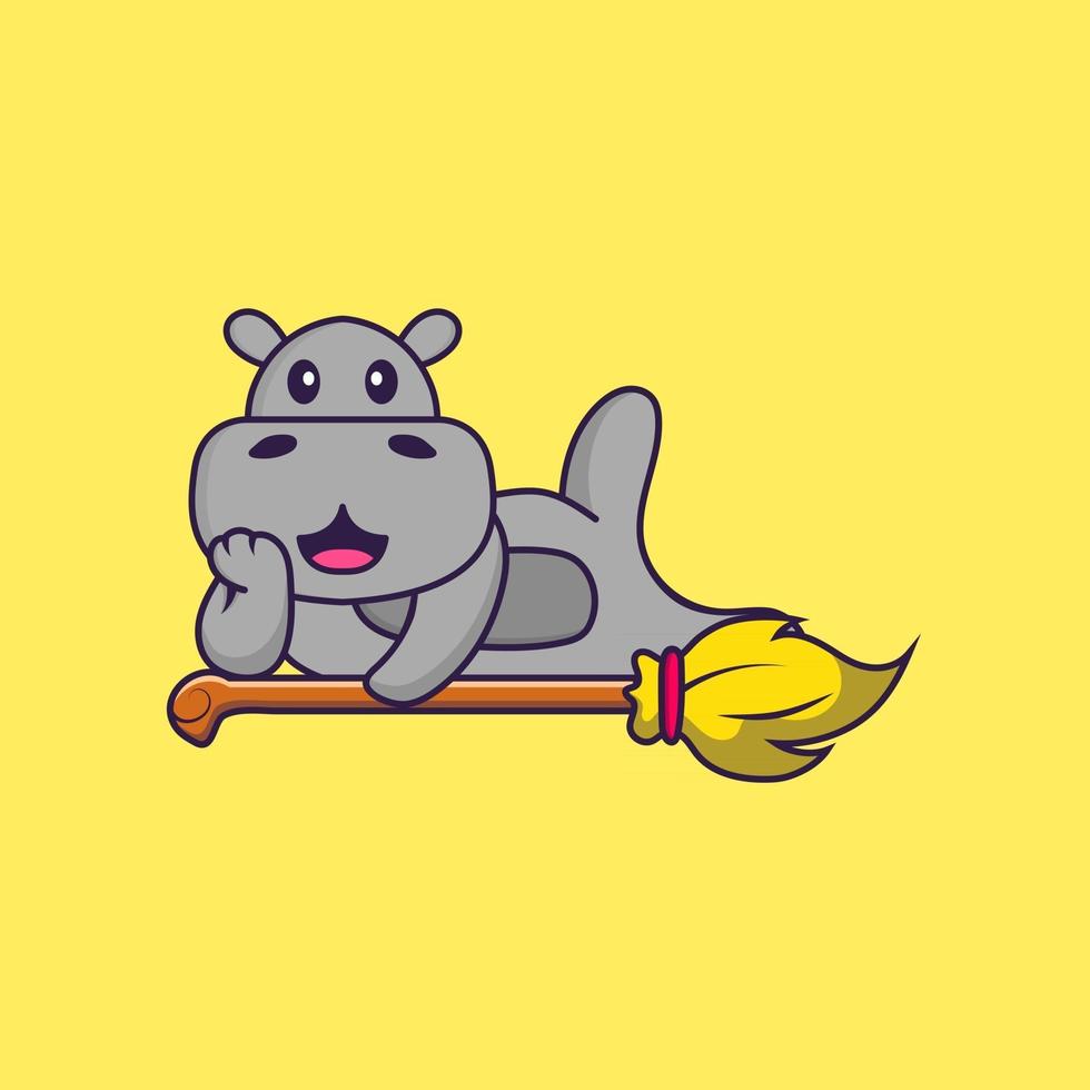 Cute hippopotamus lying on Magic Broom. Animal cartoon concept isolated. Can used for t-shirt, greeting card, invitation card or mascot. Flat Cartoon Style vector