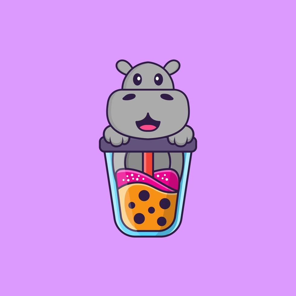 lindo hipopótamo bebiendo té con leche boba. aislado concepto de dibujos animados de animales. Puede utilizarse para camiseta, tarjeta de felicitación, tarjeta de invitación o mascota. estilo de dibujos animados plana vector